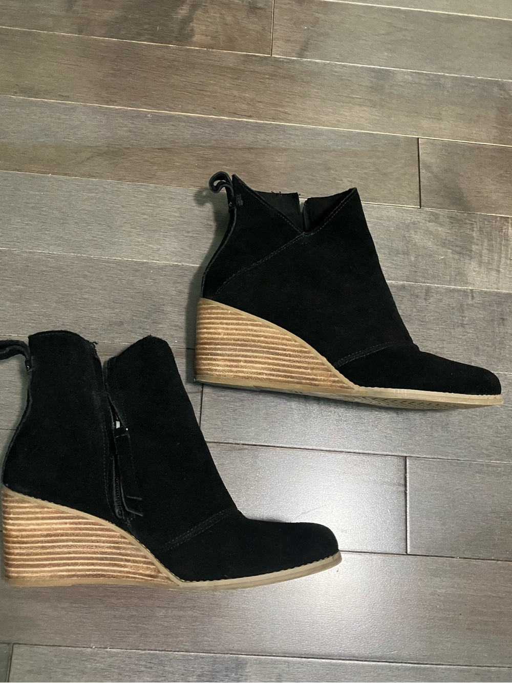 Tom’s Black Suede Wedge Booties size 9 with Stacked Wood Heel
